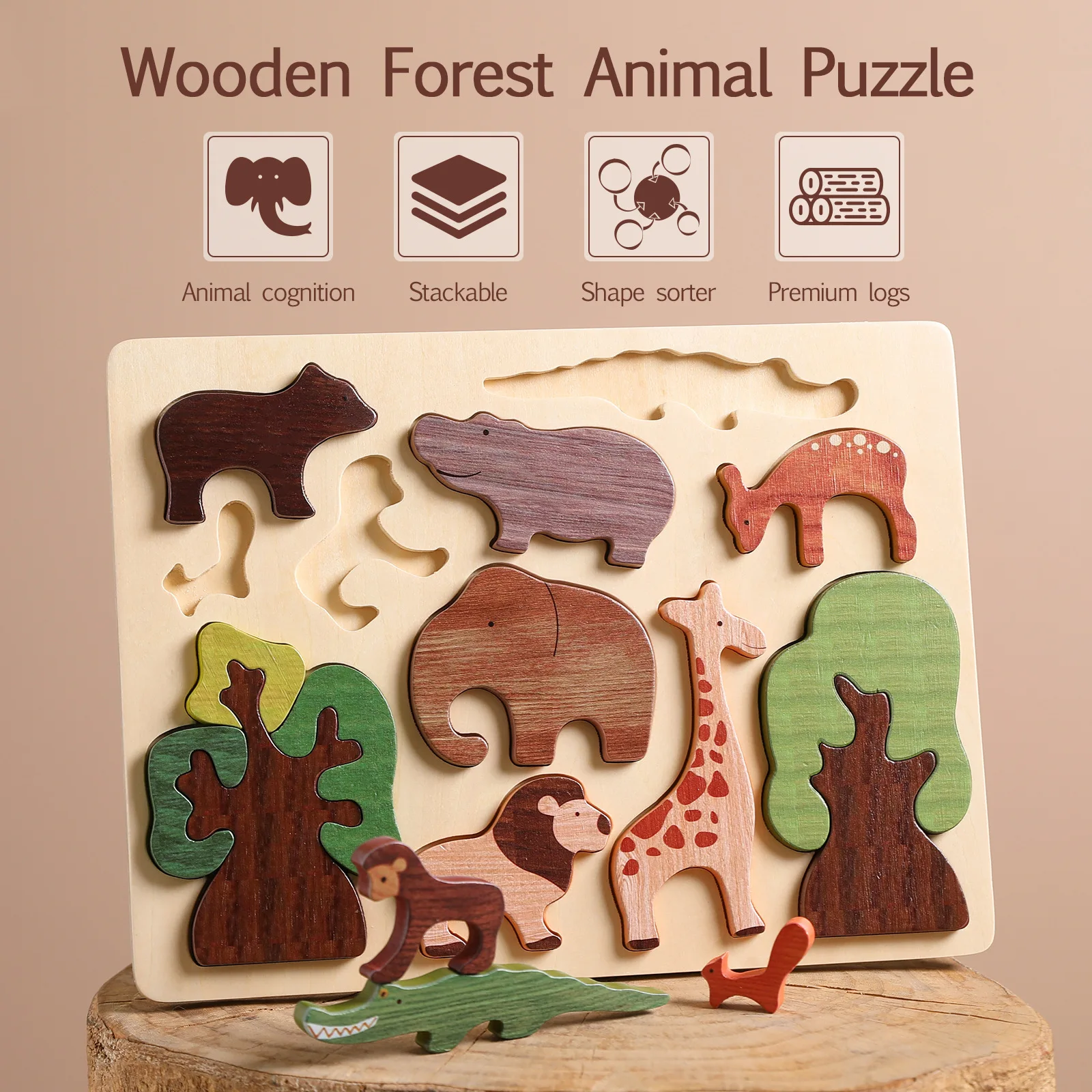 Деревянные головоломки Монтессори, строительные блоки для детей, Детские игрушки с лесными животными, Познавательная игра с животными для раннего обучения