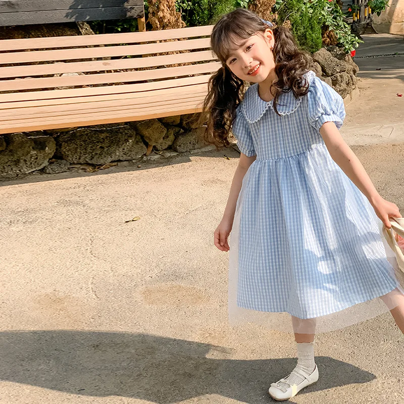 Новое клетчатое синее платье, Детская хлопчатобумажная одежда для девочек, летние платья 2023 года, Повседневный воротник 