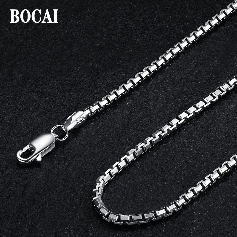 Серебряные ювелирные изделия BOCAI Real S925, Восьмиугольная цепочка в виде шкатулки, Простая цепочка на ключицу, Модное ожерелье для мужчин и женщин
