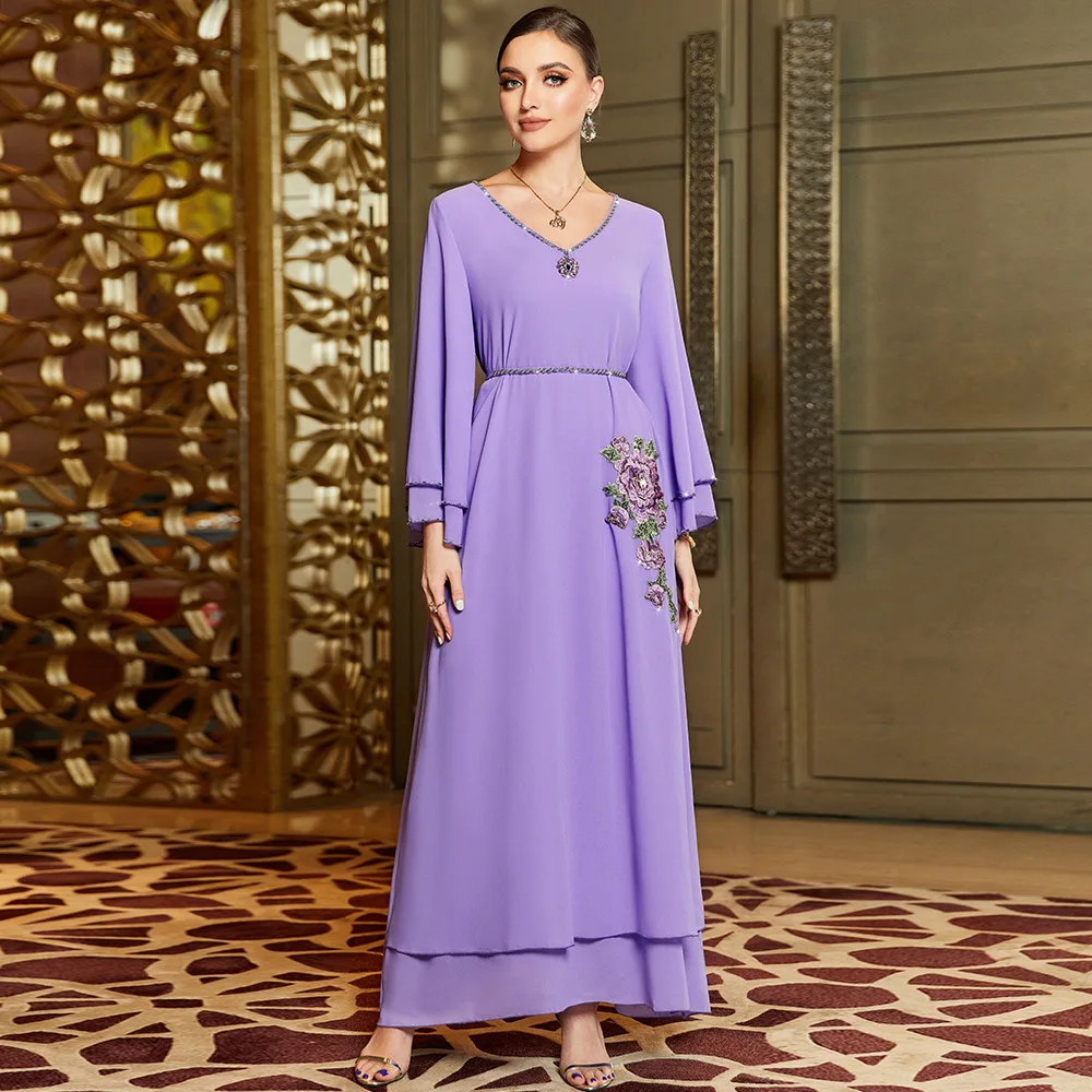 Фиолетовые шифоновые вечерние платья с вышивкой для женщин, мусульманская абайя, Дубай, Турция, Кафтан, исламская одежда, Марокко, Vestidos