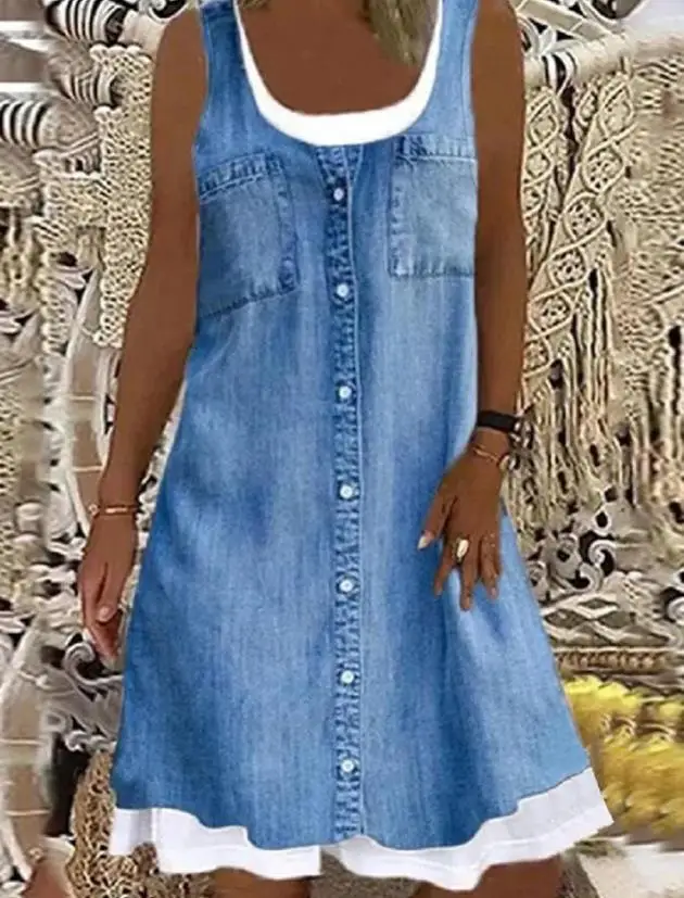 Женское платье Лето 2023, Новинка, милая и модная строчка, джинсовый стиль, принт, карман на пуговицах, Повседневное мини-платье