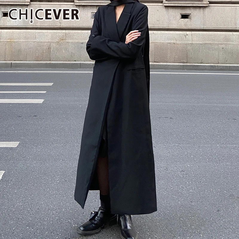 Женские Черные блейзеры CHICEVER с Длинным рукавом и разрезом по бокам, Однотонное пальто Большого размера, Уличная Женская Весенняя модная одежда 2022 года
