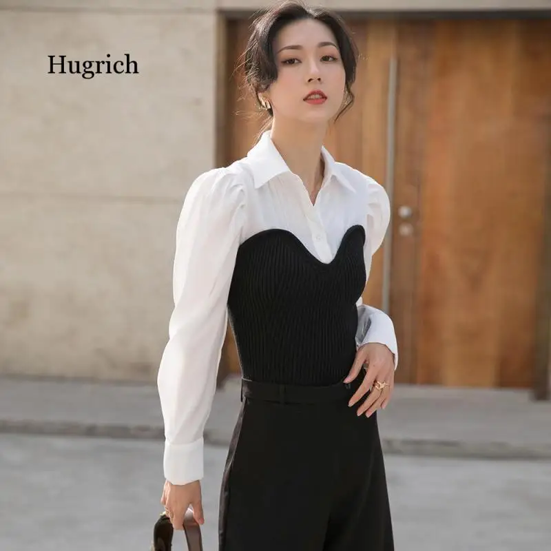Корейская весна 2021, Новая Простая Модная Поддельная рубашка с двумя Тонкими Сшитыми Лацканами и длинным рукавом