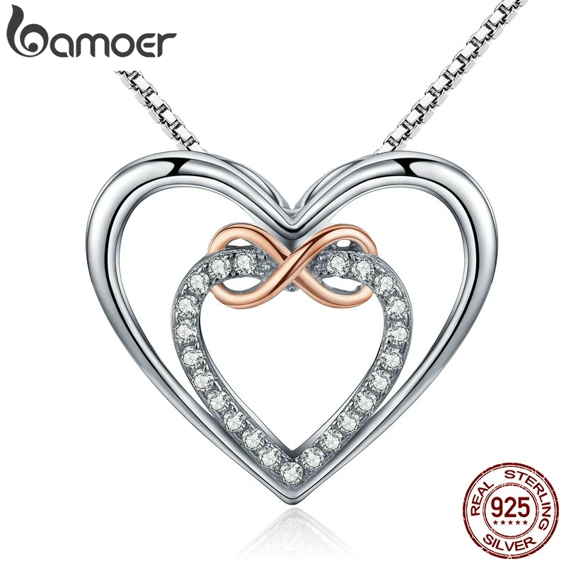 Bamoer, Элегантное ожерелье из стерлингового серебра 925 пробы с двойным сердцем, подвеской 