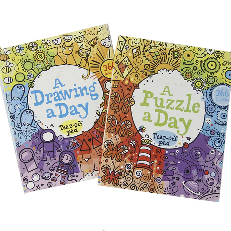 2 Книги, Рисование в день + Головоломка в день, Английская книжка-раскраска с картинками, Книги для раннего обучения английскому языку, Книги для чтения для детей