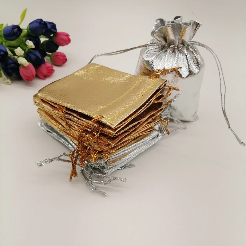 500 шт. Золотая Серебряная сумка, тканевая сумка для ювелирных изделий, тканевая сумка из алюминиевой фольги, свадебная ювелирная сумка на шнурке для показа упаковки ювелирных изделий