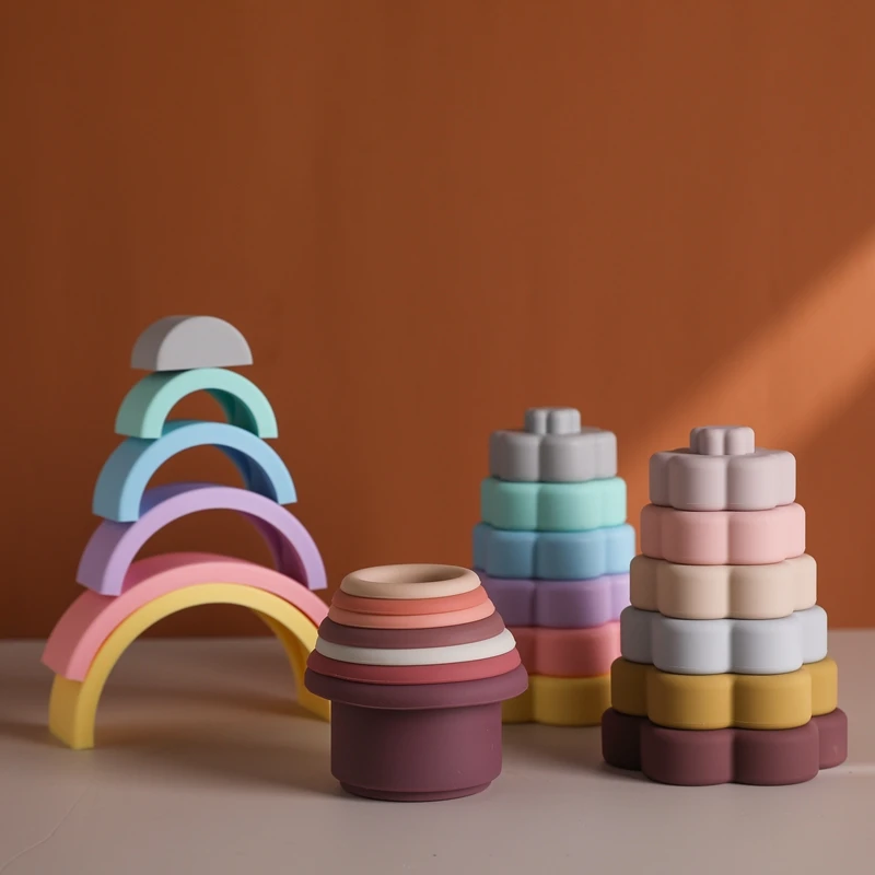 Детские штабелируемые игрушки из силиконового блока, Милые стаканчики в форме цветка, Детские строительные блоки, 3D Складная башня, игрушки для укладки, подарки