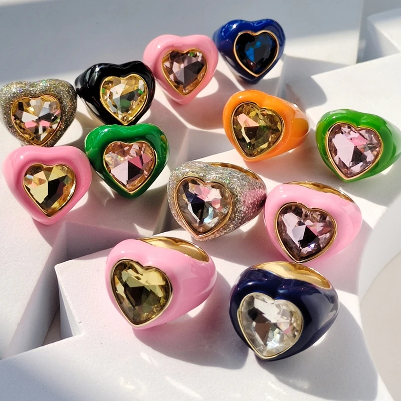 Новые разноцветные капли масла в форме сердца с кристаллами циркона, открытые кольца для женщин, девочек, вечерние украшения для путешествий HUANZHI 2022