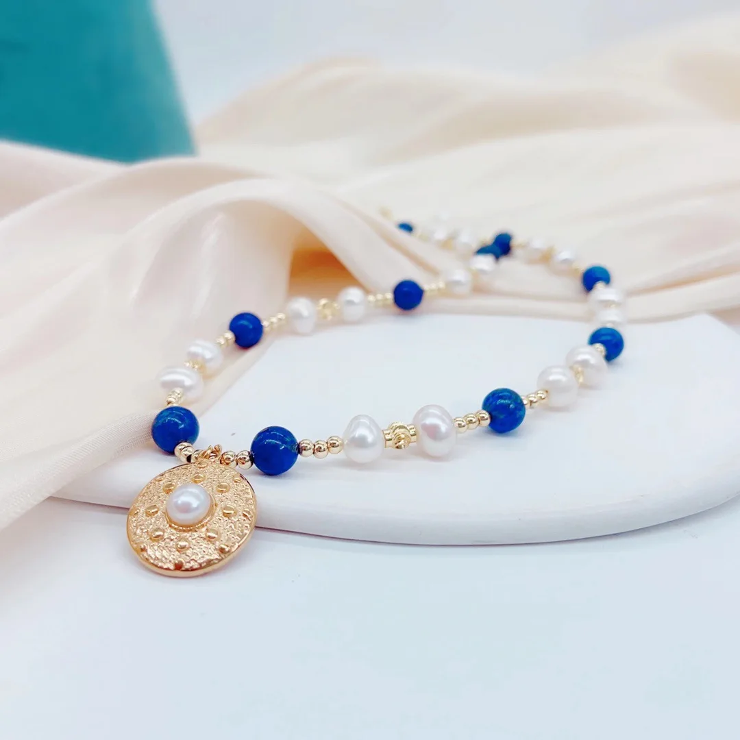 Китайский Классический стиль, Очаровательный Натуральный Белый Жемчуг, Синий Лазурит, круглые бусины, Женское Элегантное ожерелье