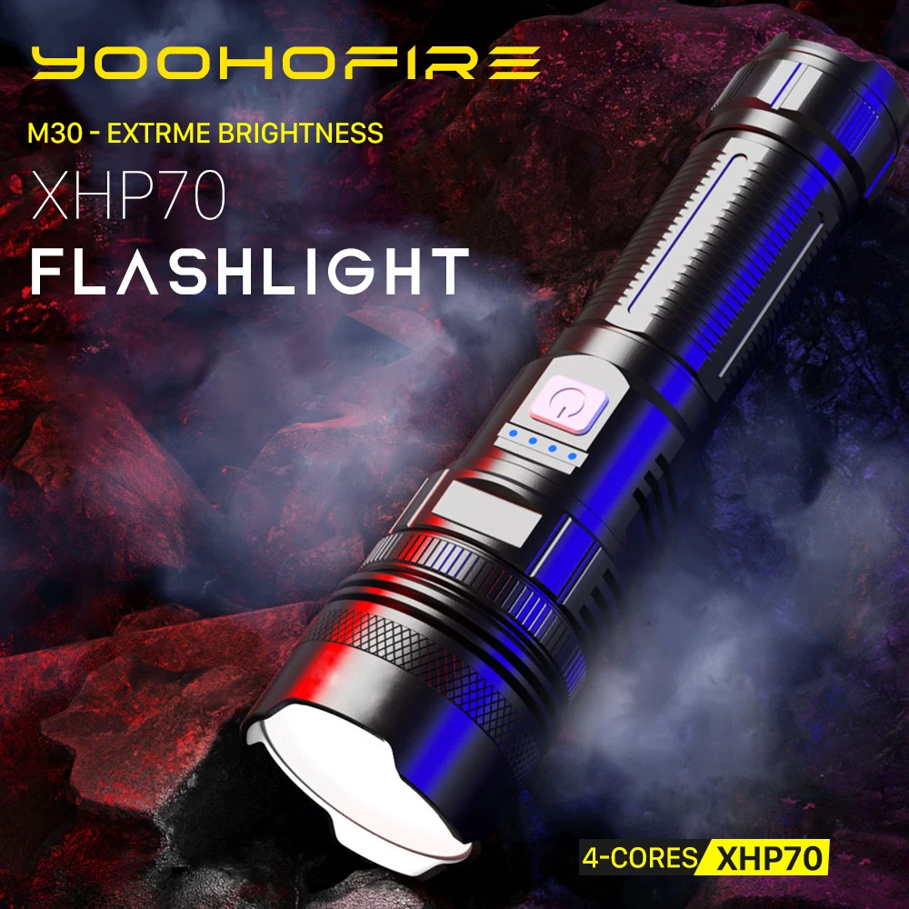 YOOHOFIRE M30 Супер Яркий светодиодный фонарик, Перезаряжаемый Мощный Портативный фонарь, Походная лампа для пеших прогулок, Рыбалки
