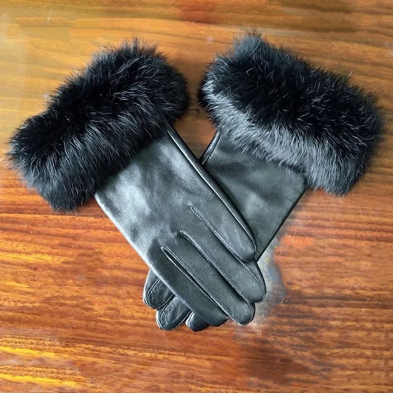 Женские зимние перчатки из натуральной овчины с кроличьим мехом, высококачественные теплые однотонные перчатки