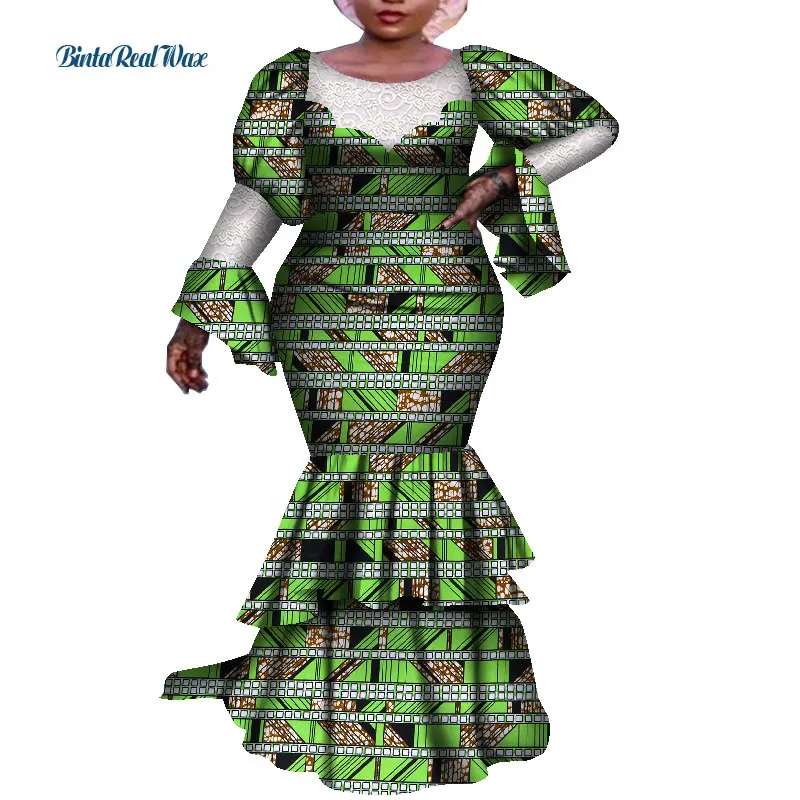 Африканские Платья для Женщин, Длинные Платья с Принтом, Vestidos Bazin Riche, Африканское Платье для Свадебной вечеринки, Кружевное Лоскутное Платье Анкара, WY8031