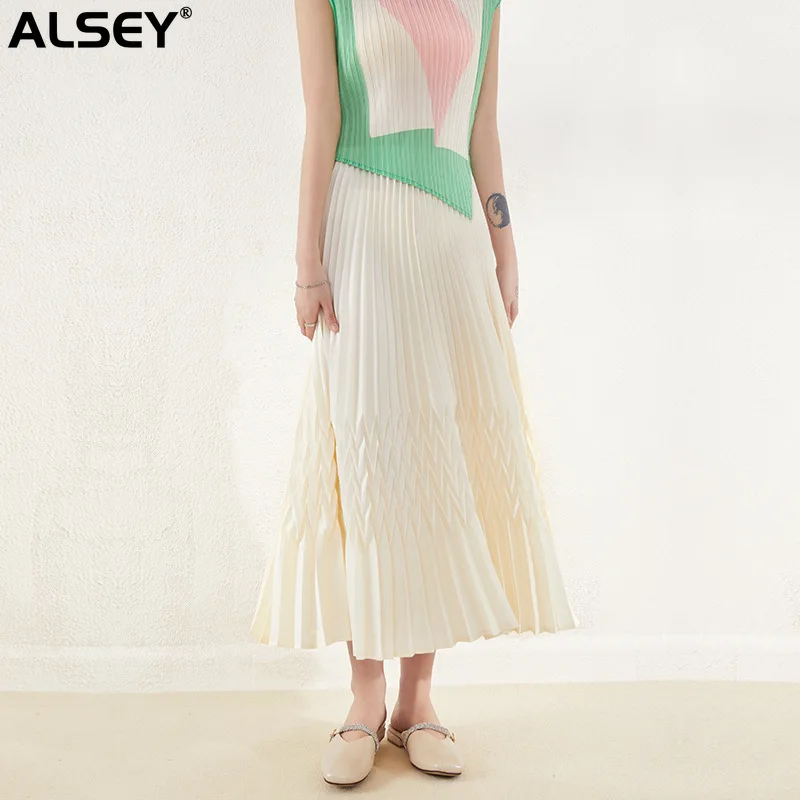 Плиссированная юбка ALSEY Miyake 2023, Весна-Лето, Новая Дизайнерская Элегантная Юбка Размера Плюс, Повседневная Тонкая Свободная Юбка Трапециевидной формы в Пол-тела, Женская