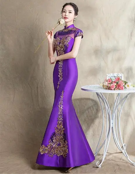Фиолетовое платье Чонсам, Женское Ципао, Китайское Восточное Платье с вышивкой в виде рыбьего хвоста, Свадебное Платье для летней сцены, Винтажное