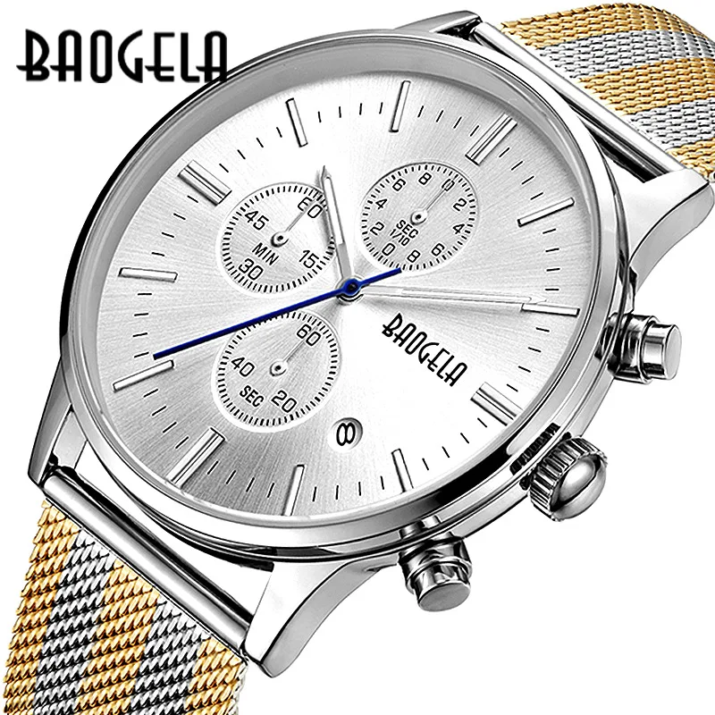 2023 Мужские часы BAOGELA, водонепроницаемые аналоговые кварцевые наручные часы с сетчатым ремешком из серебра, золота и нержавеющей стали, дата хронографа 1