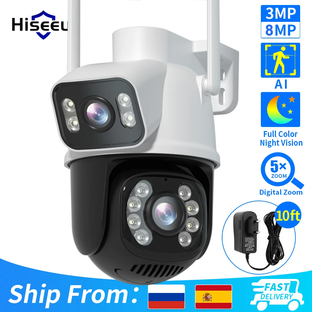Hiseeu 4K 8MP PTZ Wifi IP-камера с двойным объективом и 5-кратным зумом AI Human Detect ONVIF Беспроводные камеры видеонаблюдения Защита безопасности