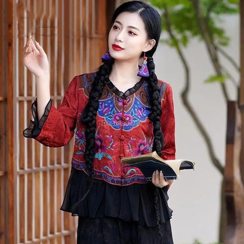 2023, летний костюм в стиле тан с вышивкой в китайском стиле, топ, ретро этнический стиль, дисковая пряжка, женская элегантная повседневная блузка с длинным рукавом s104