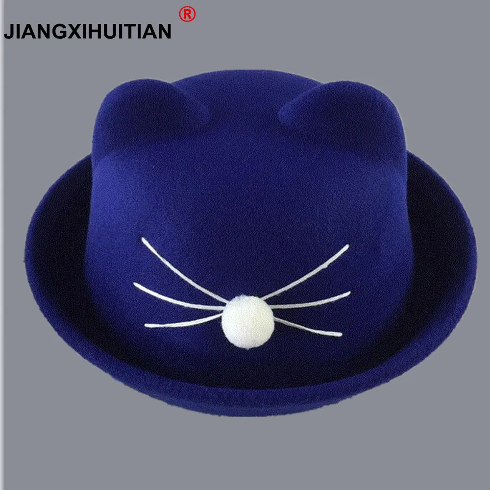 1-7 год милый кот уши верхнюю крышку мальчиков девочек мода Винтаж Джаз котелок фетровая шляпа весна осень цилиндр шерсти шапки капот