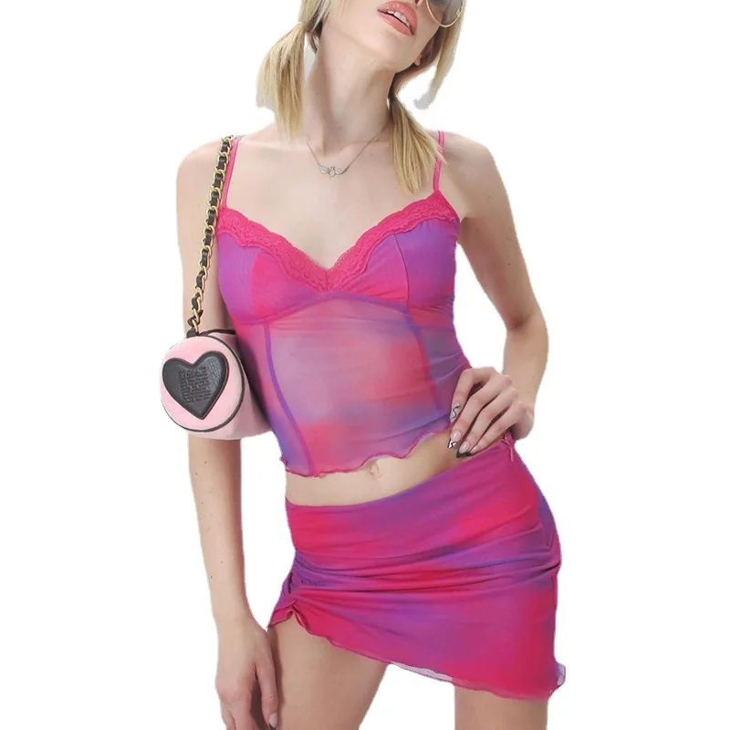 2021 Женская Летняя Модная Повседневная Розовая Короткая юбка с V-образным вырезом и галстуком-красителем, Костюм из двух предметов, Удобные Топы на завязках Y2k, Новый Стиль