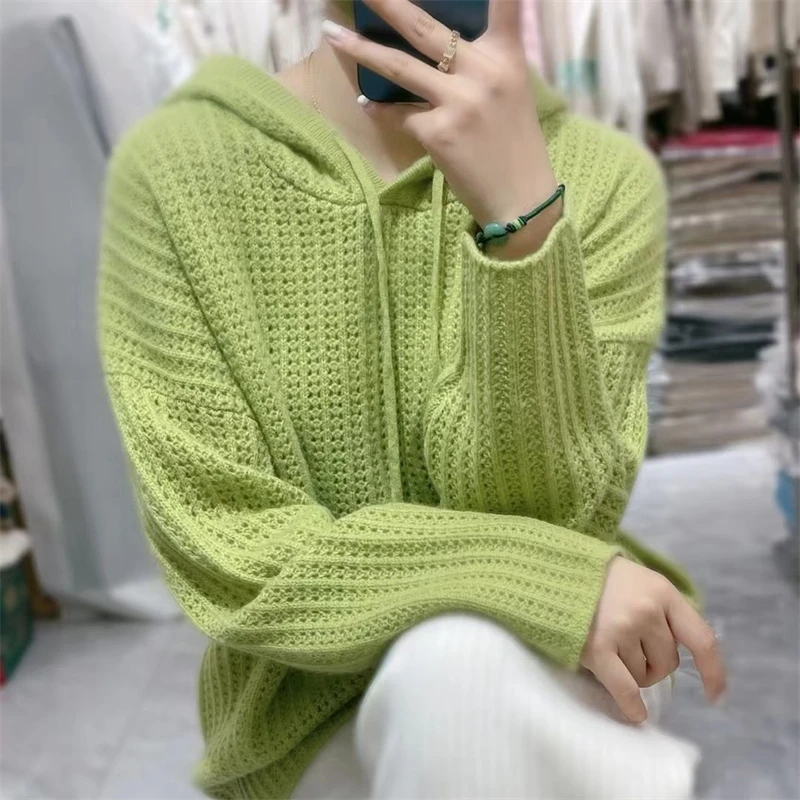 Женская одежда 2023 осень зима, свитер с капюшоном с круглым воротником, свободный свитер, полый топ с длинными рукавами, корейская мода