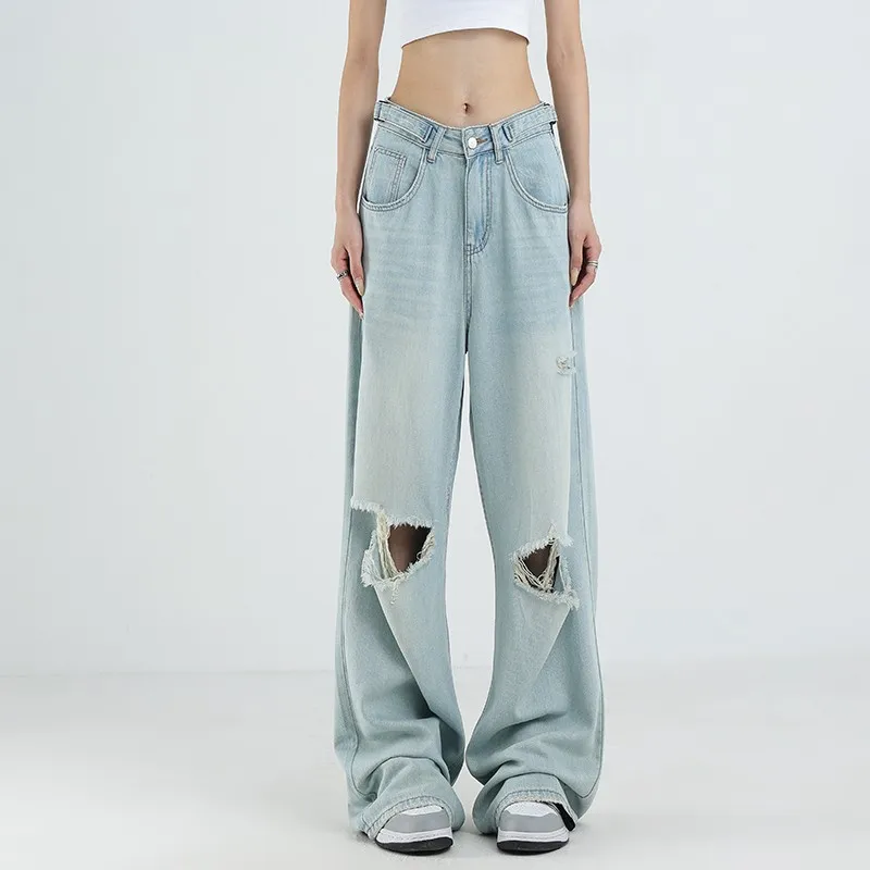 Женские джинсовые брюки WCFCX STUDIO, винтажные рваные брюки с высокой талией, синие джинсы Harajuku, Дизайнерские мешковатые широкие брюки, женские