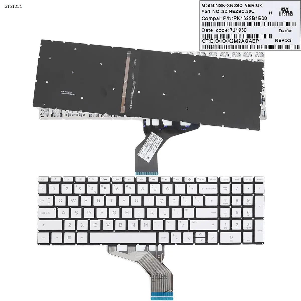 Клавиатура для ноутбука HP 15-da0100ns, 15-da0105ns, 15-da0110ns, 15-da0145ns, 15-da0150ns, СЕРЕБРИСТАЯ, с подсветкой, Маленький Ввод