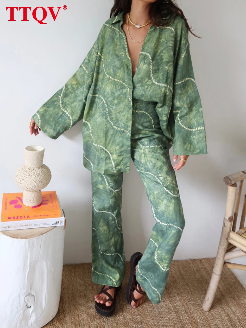 TTQV / Элегантные женские комплекты с зеленым принтом, 2 предмета, Осенние рубашки с длинными рукавами и отворотами и прямые брюки с высокой талией, женские комплекты