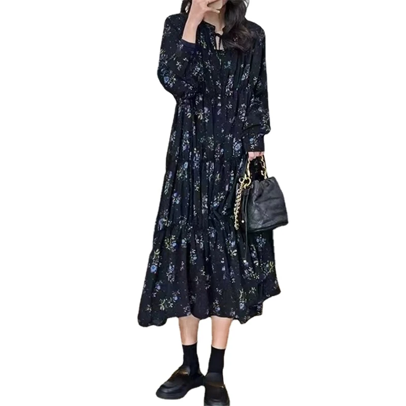 Корейская версия Внутреннего платья с длинными рукавами и цветочным рисунком для женщин 2023, Весна-лето, Новое женское платье с V-образным вырезом Design Sense, Уличная одежда