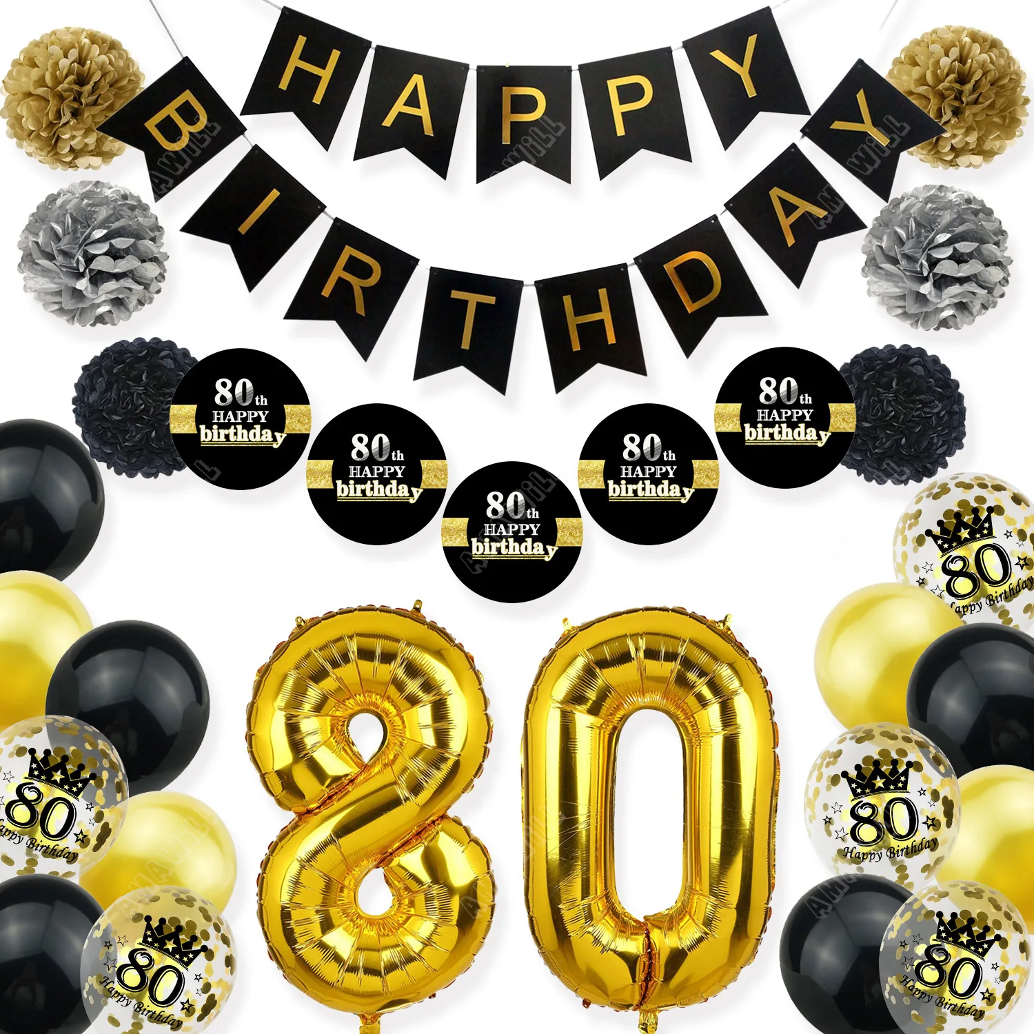 Amawill 80th Birthday Party Decoration Kit Черный Баннер С Днем Рождения, Бумажные Наклейки С Цветами, Золотые Принадлежности для Вечеринок 80-летней Давности