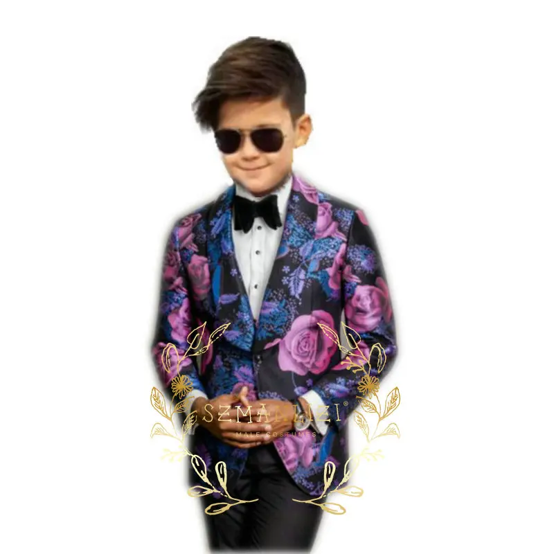 Костюмы для мальчиков, 2 предмета, фиолетовые свадебные костюмы с цветочным принтом для детей, шаль с отворотом (куртка + брюки) Детская Официальная одежда для Выпускного вечера