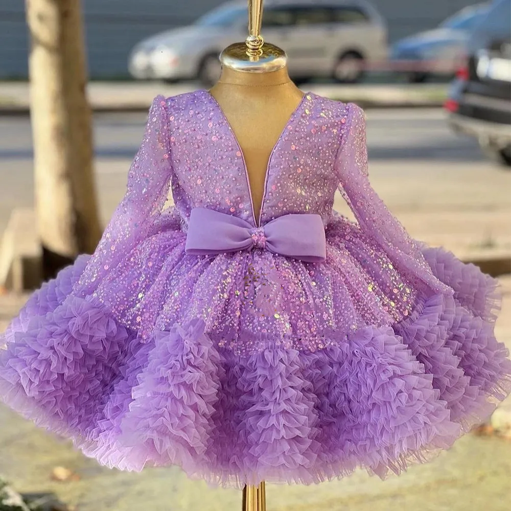 Фиолетовые блестящие платья с цветочным узором для девочек, расшитые блестками, длинный рукав, многоуровневое бисероплетение, модные платья на день рождения, Рождественский подарок для фотосессии