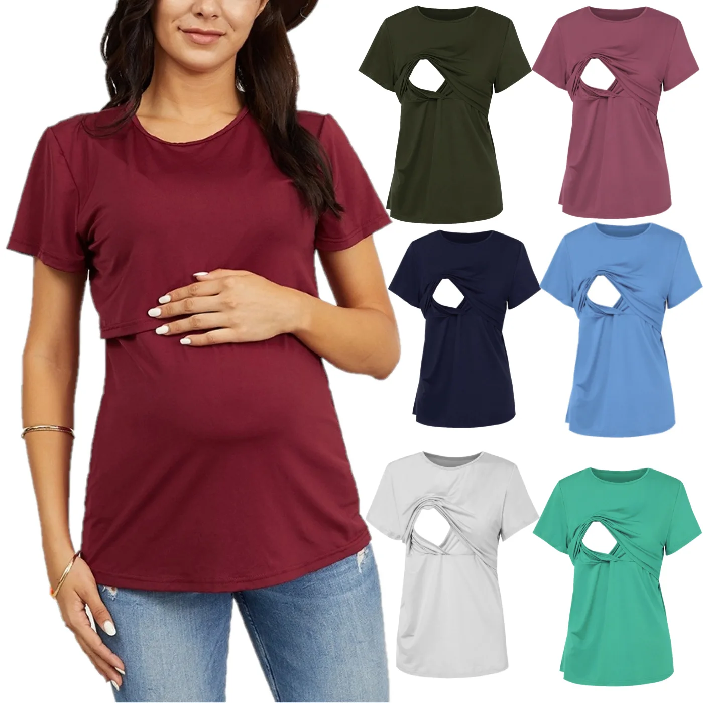 Летняя одежда для беременных, однотонные топы для грудного вскармливания с коротким рукавом, Повседневная и свободная футболка для кормящих