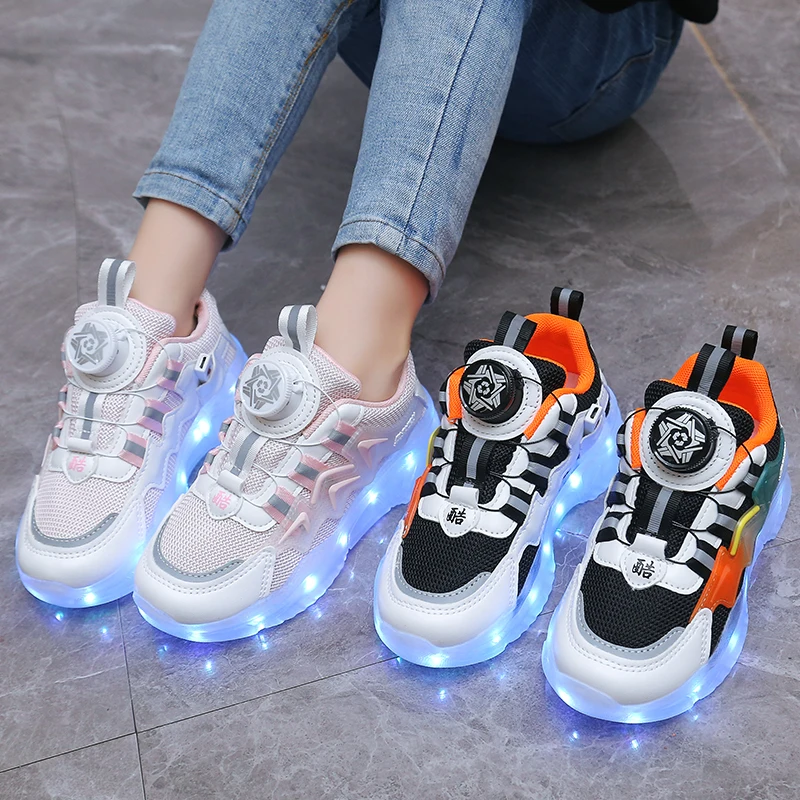 Детские Светящиеся кроссовки с вращающейся кнопкой, Светящиеся кроссовки для мужчин и девочек, разноцветная подошва, USB Перезаряжаемая, Модная Дышащая