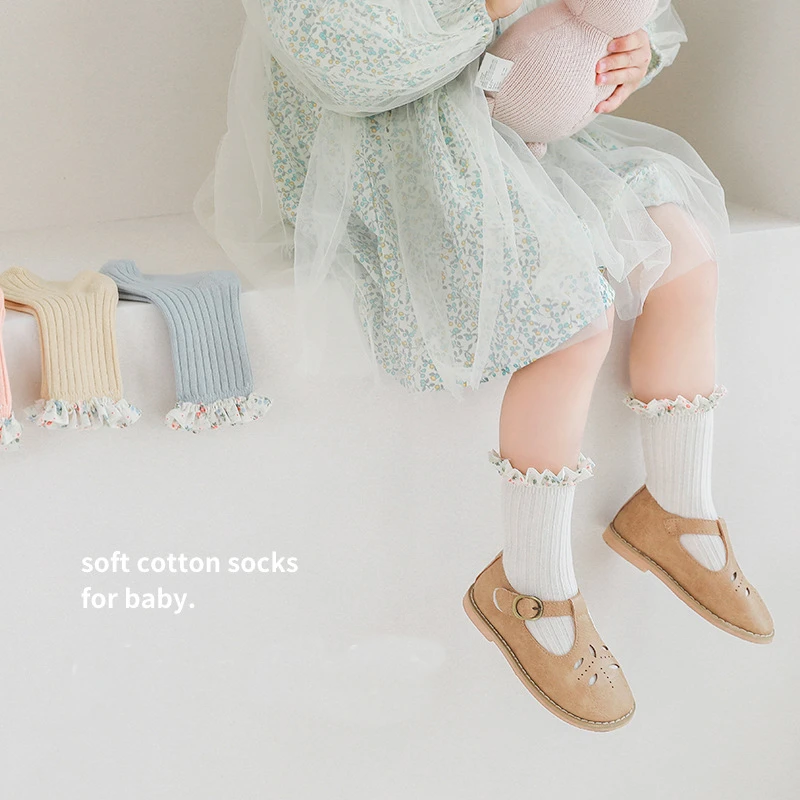 Носки Для младенцев, Весенние Новые Носки для маленьких девочек, Длинные Мягкие хлопковые Кружевные носки с цветочными оборками, Носки для новорожденных девочек 0-8 лет