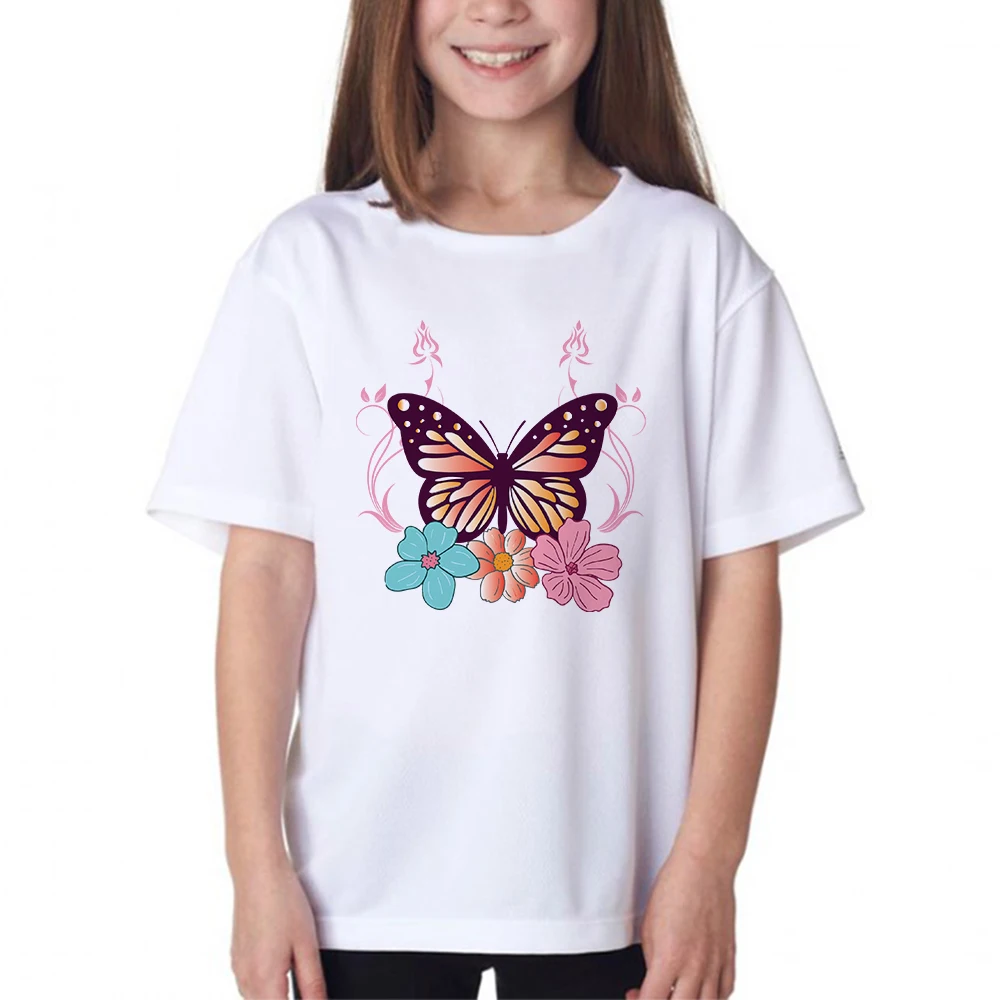Эстетичная одежда для милых девочек, красивая детская футболка с принтом бабочек и цветов, осенне-летняя футболка в стиле Харадзюку, Детская