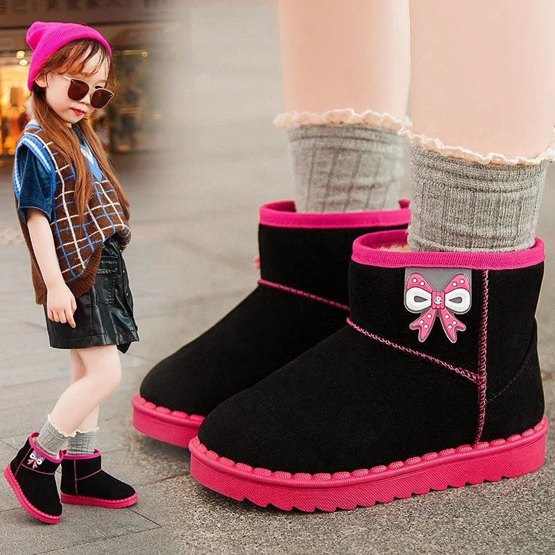 Модные Теплые зимние ботинки с милым бантом для девочек, Новые зимние ботинки для девочек среднего размера, Детские хлопковые резиновые сапоги по щиколотку 25-36