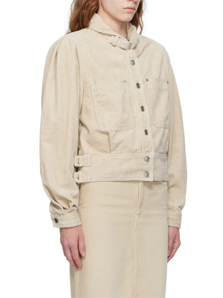 Женская винтажная вельветовая куртка с воротником-стойкой и длинным рукавом, Однобортное пальто в стиле сафари с большими карманами, осень 2023