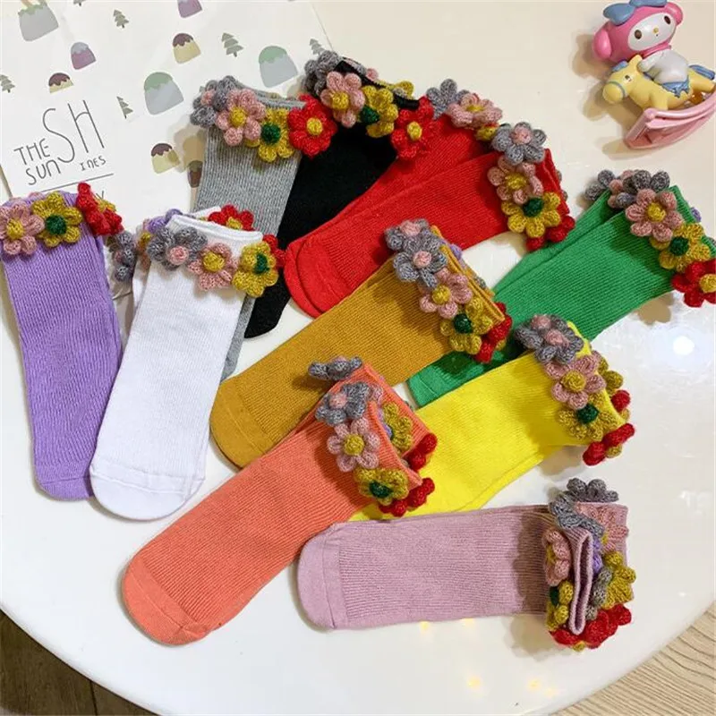 2021, Весенне-осенние детские носки, Вязаные носки с цветочным узором для девочек, Дышащие и удобные хлопковые детские носки для детей