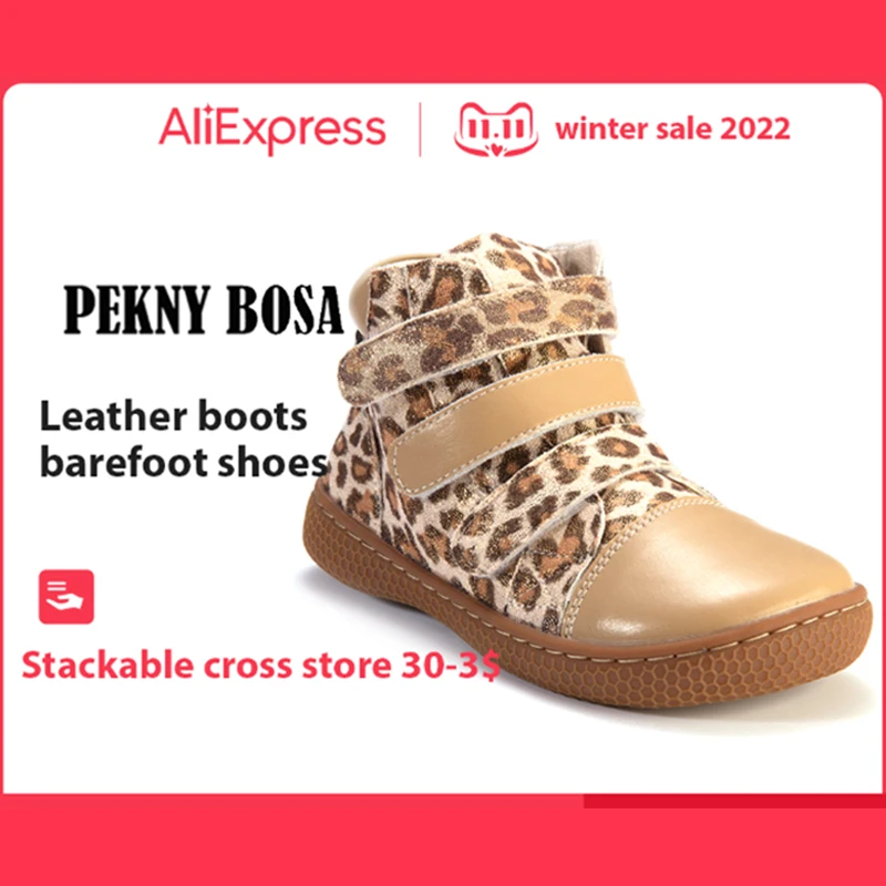 Леопардовые ботинки PEKNY BOSA, детская обувь для девочек, ботильоны, кожаные ботинки с мягкой подошвой, детские туфли на босу ногу с широким носком для мальчика