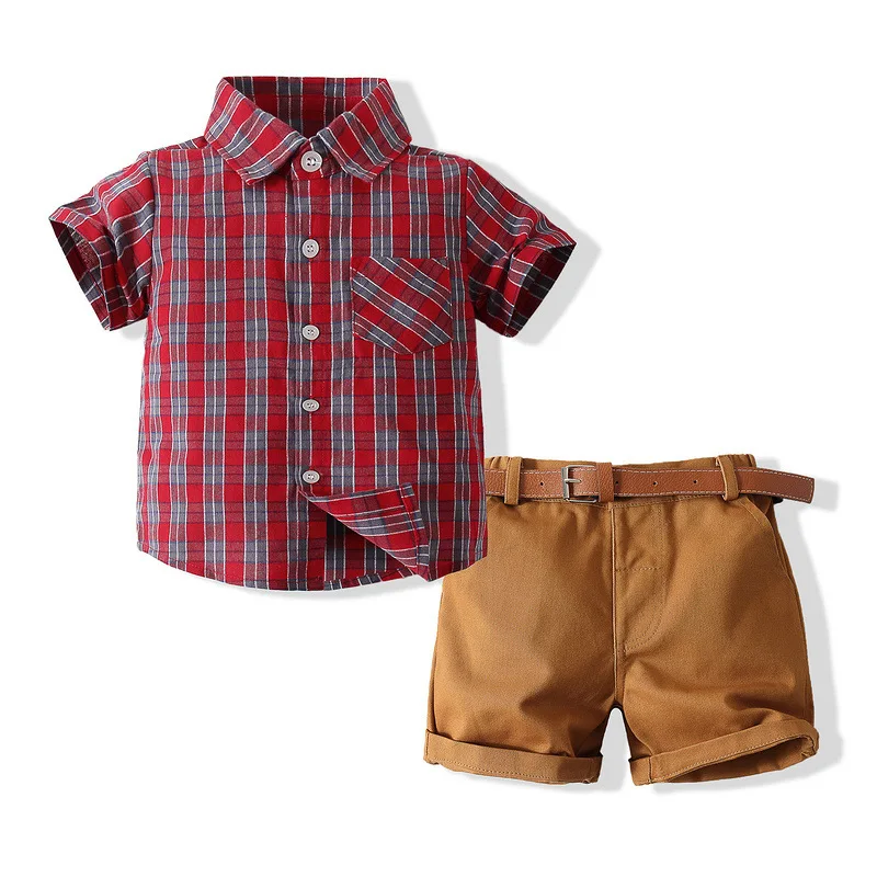 Детская Летняя одежда из 2 предметов, Комплект одежды для малышей 2022, Модная Повседневная Клетчатая футболка с коротким рукавом + Шорты, Одежда для маленьких мальчиков BC2192