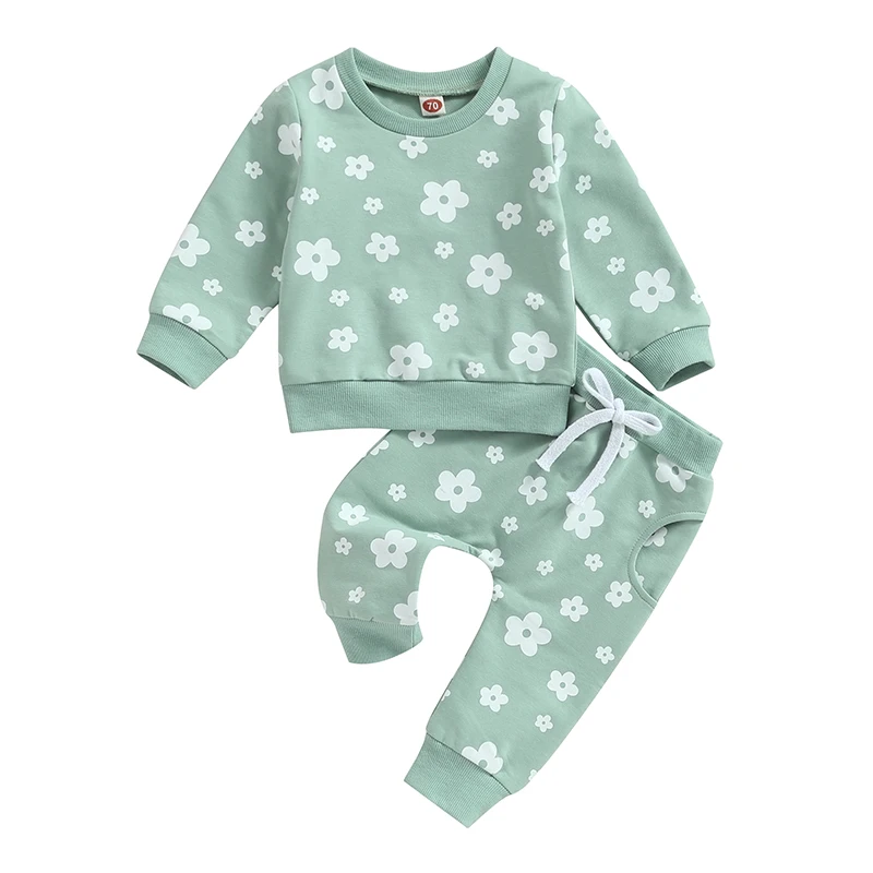 Одежда для маленьких девочек, толстовка с круглым вырезом и длинными рукавами с цветочным принтом для новорожденных, комплект штанов на завязках, костюмы со штанами для младенцев