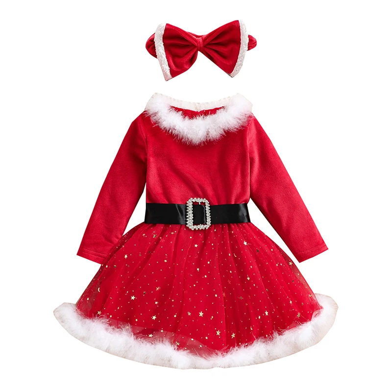 Рождественское платье Санта-Клауса для маленьких девочек, Пушистое красное Платье с длинными рукавами, Детский Костюм Санта-Клауса для Косплея, Праздничная одежда для выступлений на сцене