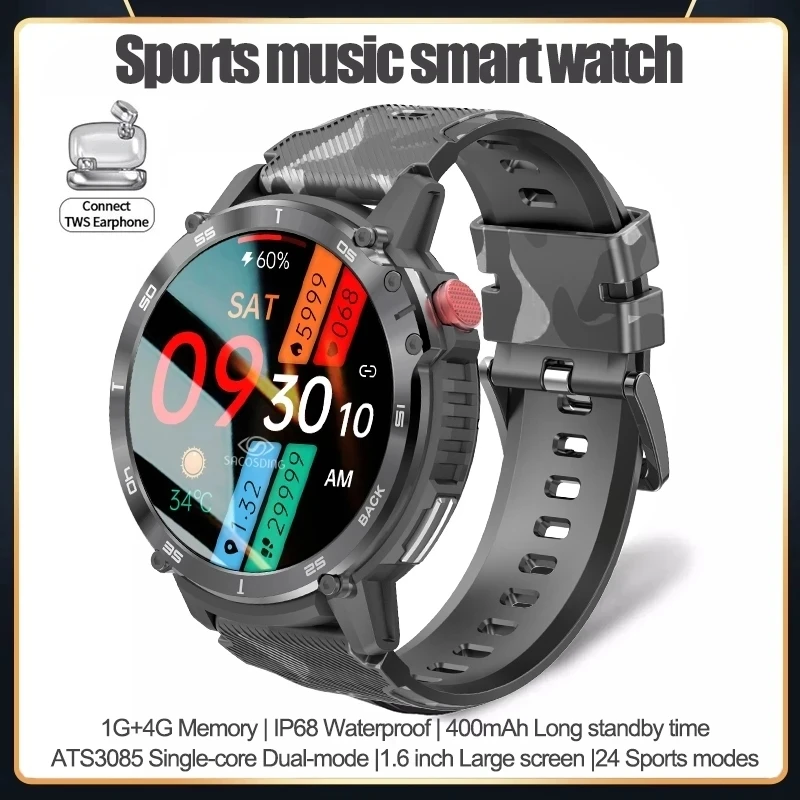 Смарт-часы Мужские 4G ROM 1G RAM 400mAh Спортивные часы для фитнеса Небьющиеся Bluetooth Call Smartwatch 1,6 дюйма 2023 Для Xiaomi Apple