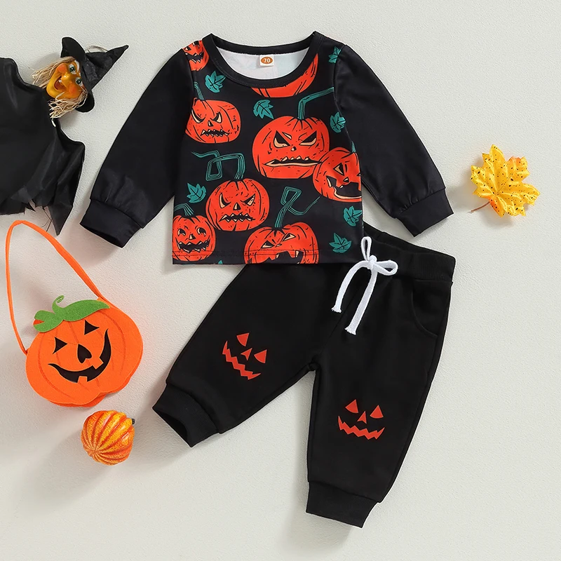 Костюмы для Хэллоуина для маленьких мальчиков, толстовки с длинными рукавами и длинными штанами с принтом злой тыквы, комплект осенней одежды из 2 предметов