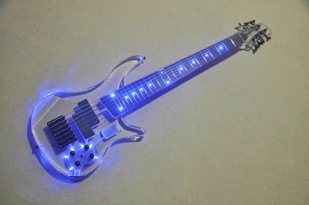 Электрическая бас-гитара с 7-Струнным Акриловым корпусом, Синяя светодиодная подсветка, Черная Фурнитура, Гриф из розового дерева, Предложение по индивидуальному заказу