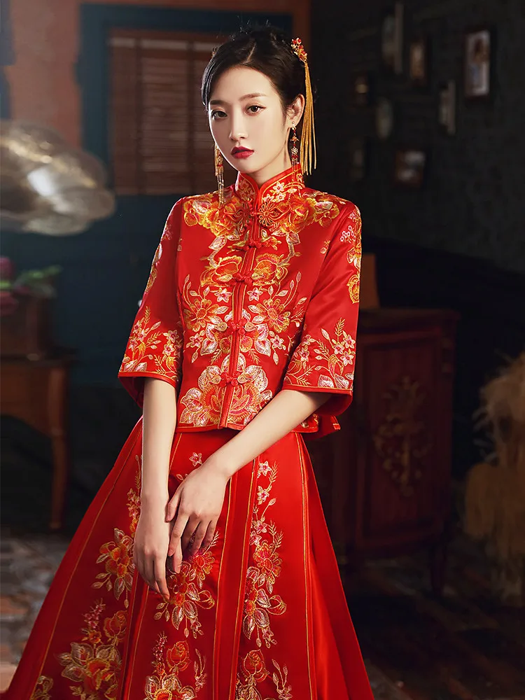 Восточный традиционный свадебный костюм Disfraz Chino Cheongsam, Комплект для изысканного банкета, Стильная элегантная невеста китайская одежда