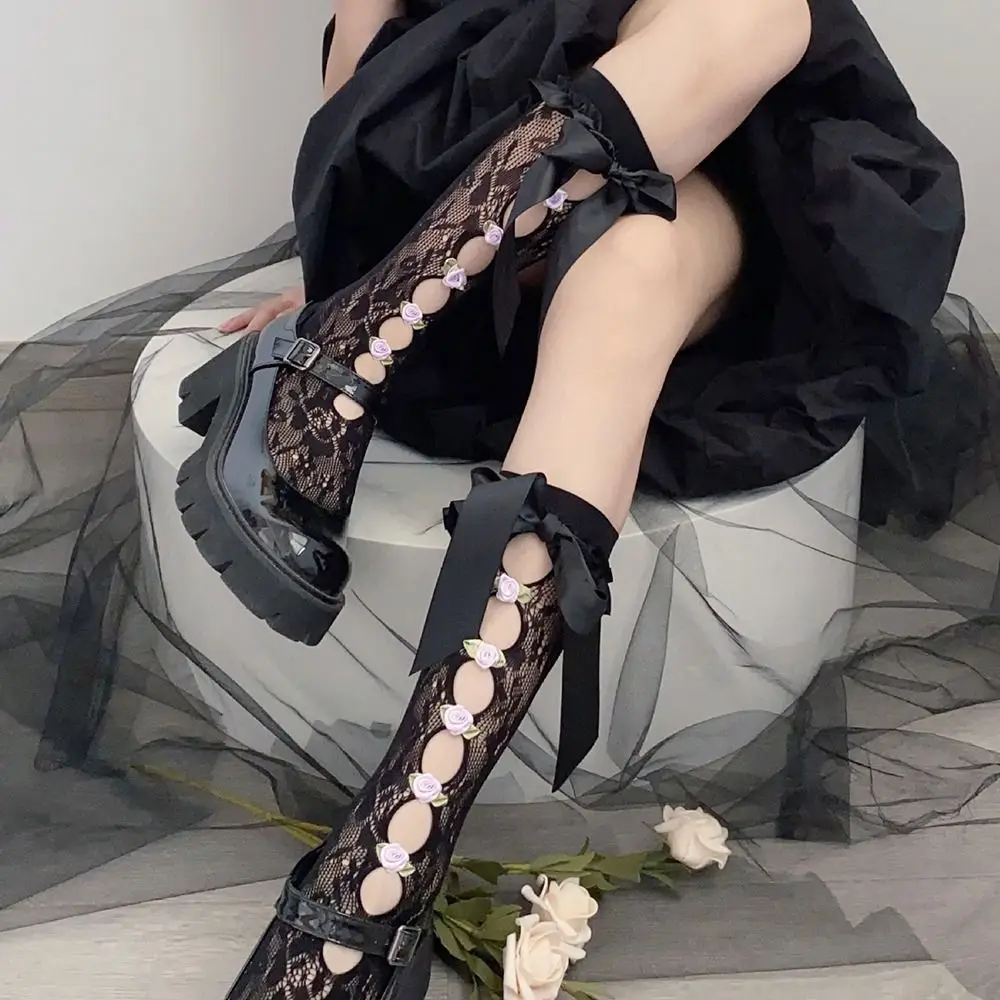 Весенне-летняя повязка с бантом в японском стиле для девочек, носки с розами, женские чулки, сетчатые носки для телят, женские чулочно-носочные изделия