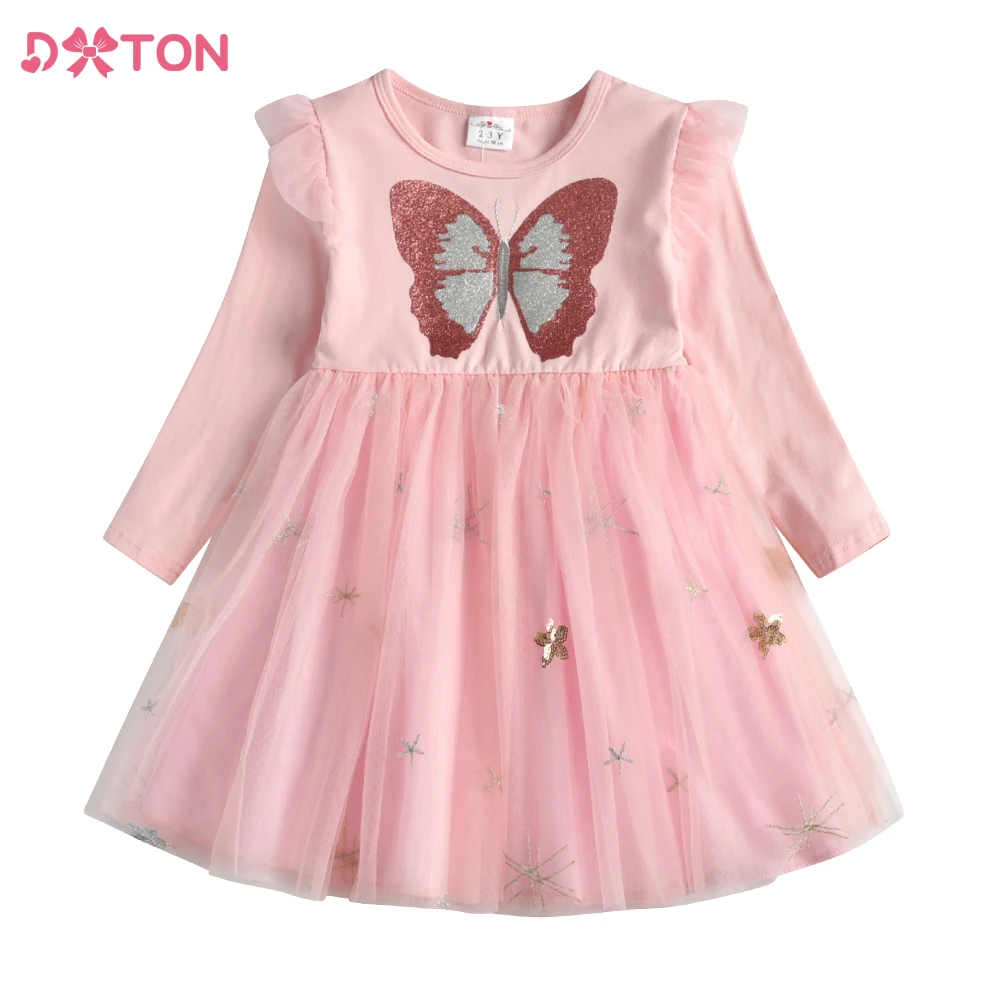 Платье принцессы с развевающимися рукавами DXTON для девочек, детские платья с бабочками, детские праздничные костюмы из тюля, осенне-зимнее платье для девочек