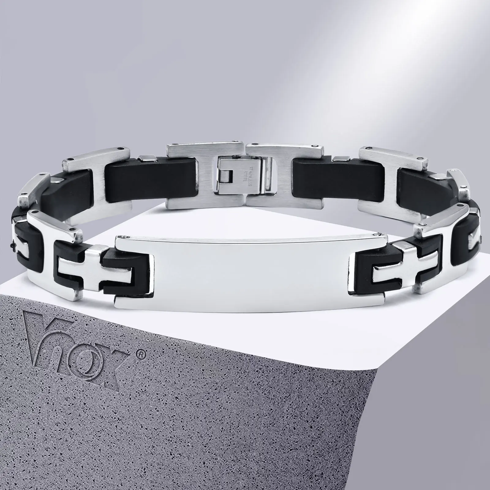 Vnox Бесплатные идентификационные браслеты с гравировкой на заказ для мужчин, бирка из нержавеющей стали 12 мм с черным силиконовым браслетом для ювелирных изделий