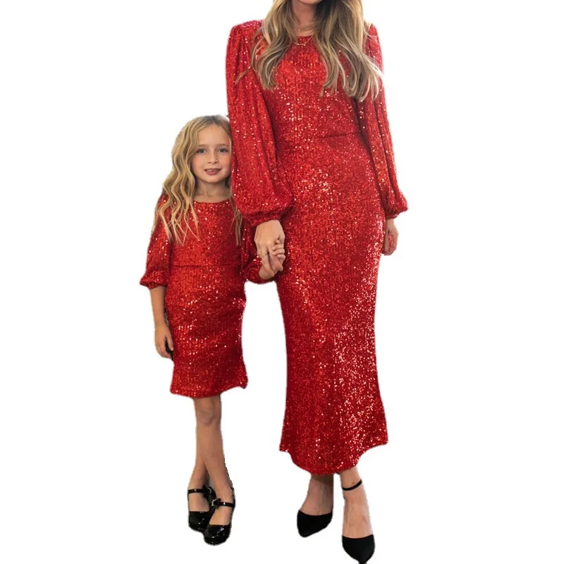 Семейное платье с длинными рукавами для мамы и дочки, праздничная одежда, Красные, зеленые, Черные Свадебные Платья с пайетками для мамы и девочки